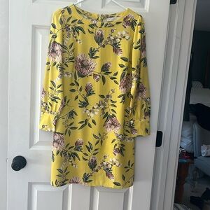 Loft Petite Boatneck Shift Dress Yellow Floral Long Sleeve Size 10